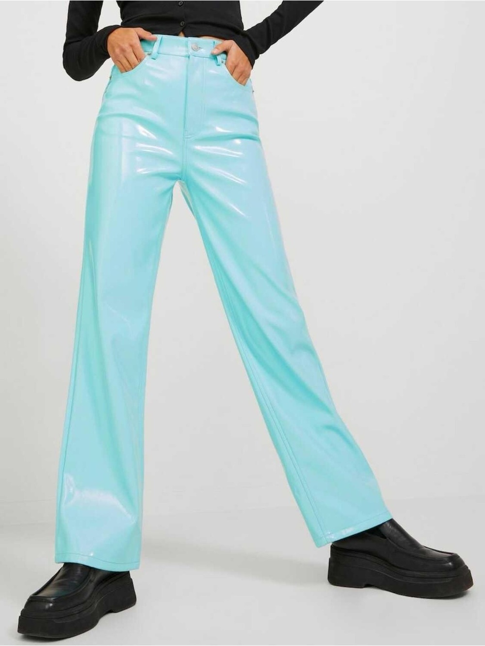 High-Rise Wide-Leg Vinyl Pants — Aqua